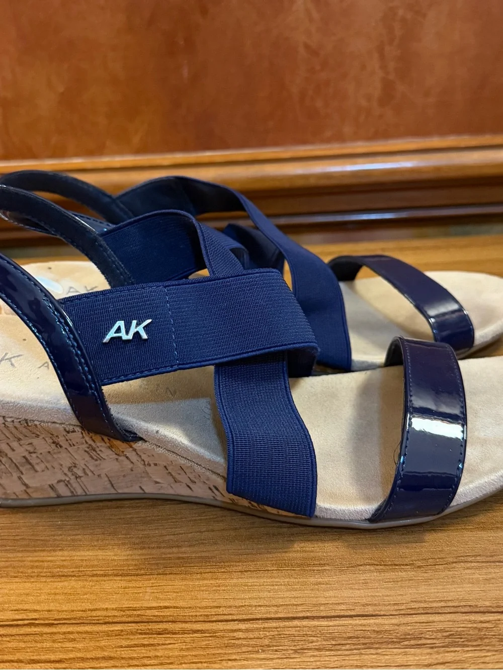 Anne Klein Regina Navy Blue Cork Wedge Sandals Womens Size 8.5 M Excellent